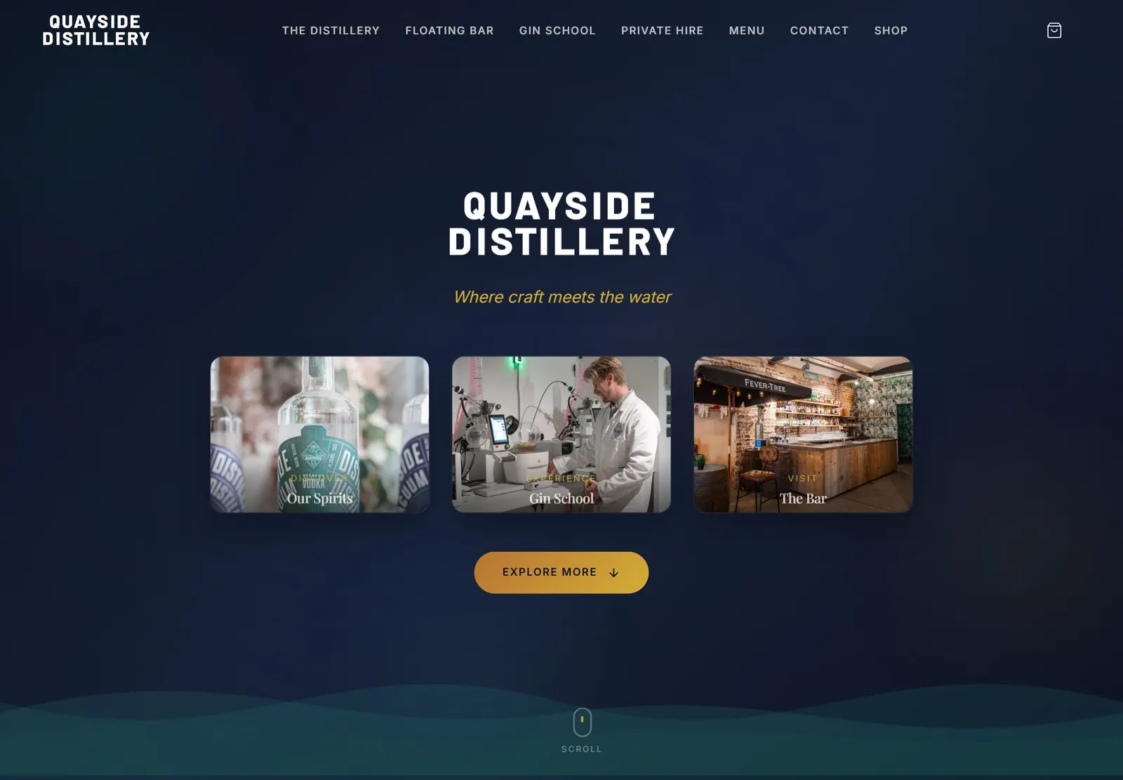 Quayside Distillery website homepage — dark, atmospheric design for Exeter craft distillery with gin school and floating bar bookings